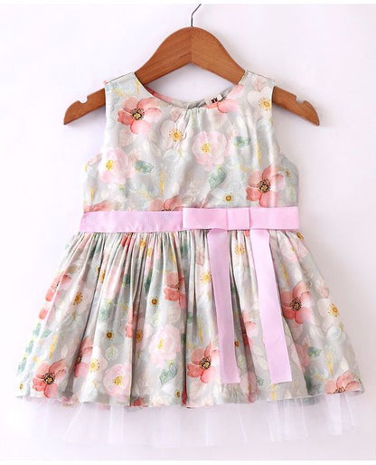 ToffyHouse Sleeveless Floral Printed Party Frock with Bow Detailing - Multicolour
