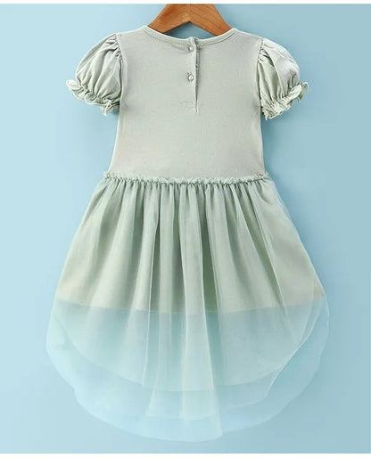 ToffyHouse 100% Cotton Woven Half Puffed Sleeves Layered Party Frock with Sequin Detailing - Green