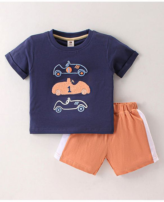 ToffyHouse Half Sleeves T-Shirt & Shorts Set With Cars Print - Navy