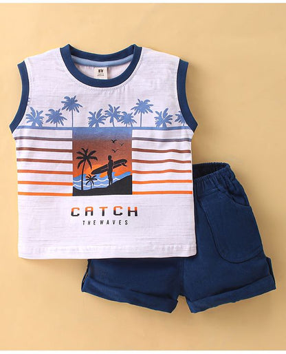 ToffyHouse  Sleeveless T-Shirt & Corduroy Shorts Set With Beach Print - White