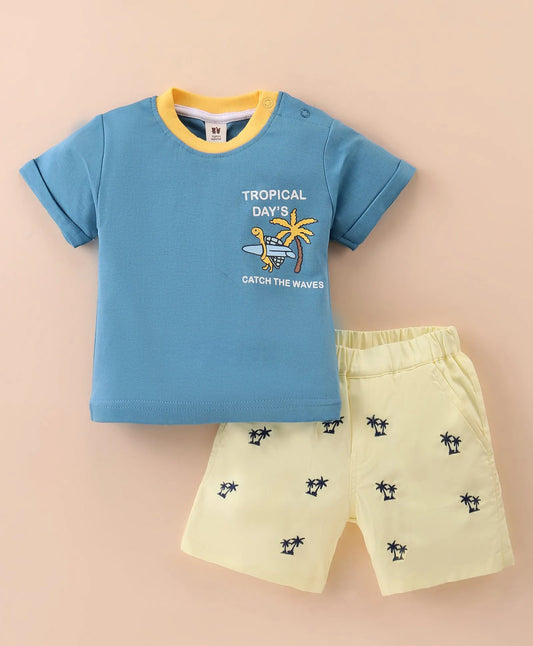 ToffyHouse Half Sleeves T-Shirt & Twill Woven Shorts With Palm Tree Print - Blue