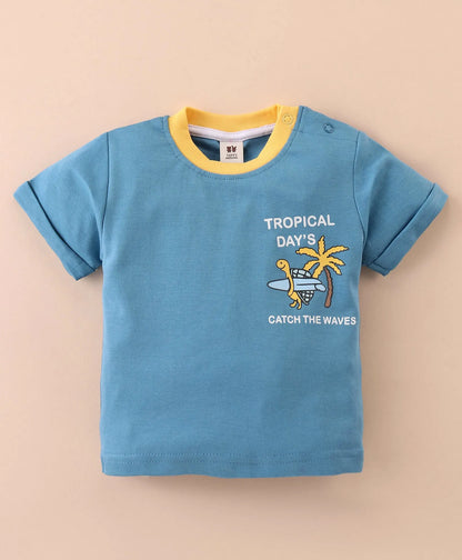 ToffyHouse Half Sleeves T-Shirt & Twill Woven Shorts With Palm Tree Print - Blue