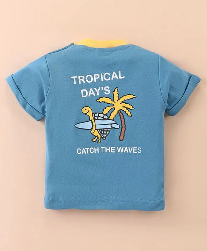 ToffyHouse Half Sleeves T-Shirt & Twill Woven Shorts With Palm Tree Print - Blue