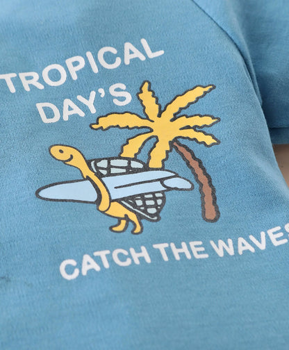 ToffyHouse Half Sleeves T-Shirt & Twill Woven Shorts With Palm Tree Print - Blue