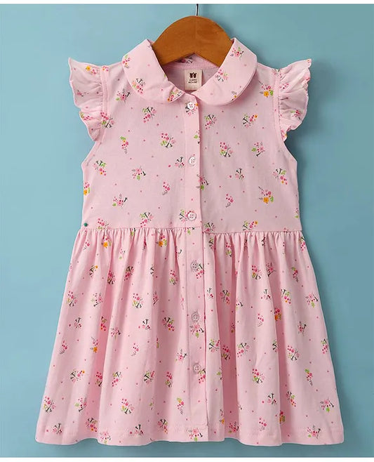 ToffyHouse 100% Cotton Knit Frill Sleeves Collared Shirt Style Frock with Floral Print - Peach