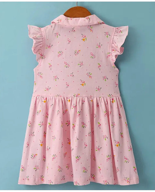ToffyHouse 100% Cotton Knit Frill Sleeves Collared Shirt Style Frock with Floral Print - Peach