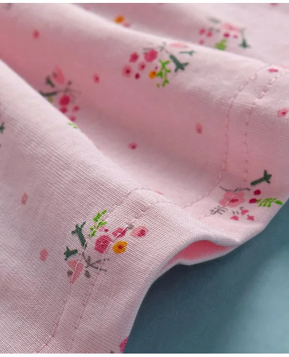 ToffyHouse 100% Cotton Knit Frill Sleeves Collared Shirt Style Frock with Floral Print - Peach