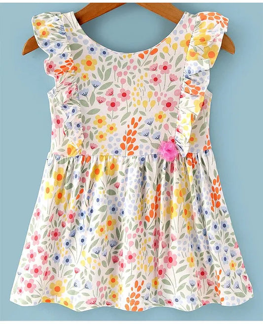 ToffyHouse 100% Cotton Knit Frill Sleeves Frock with Floral Print & Floral Applique - Multicolor