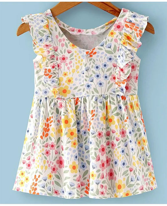 ToffyHouse 100% Cotton Knit Frill Sleeves Frock with Floral Print & Floral Applique - Multicolor