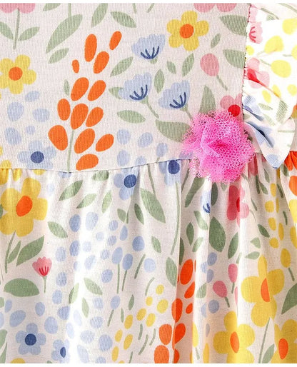 ToffyHouse 100% Cotton Knit Frill Sleeves Frock with Floral Print & Floral Applique - Multicolor