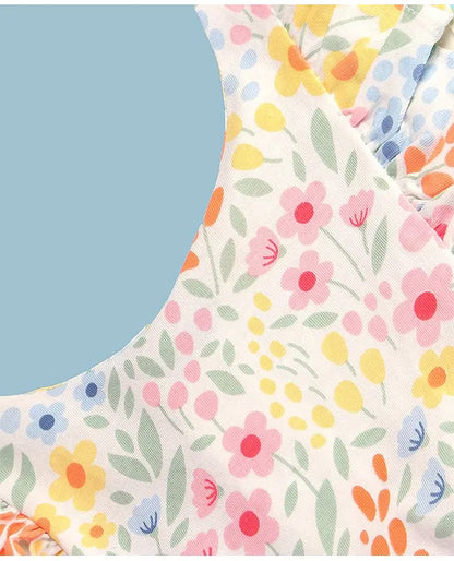 ToffyHouse 100% Cotton Knit Frill Sleeves Frock with Floral Print & Floral Applique - Multicolor