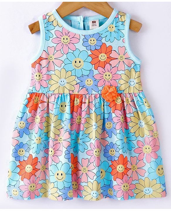 ToffyHouse Cotton Knit Sleeveless Frock with Floral Print - Multicolour
