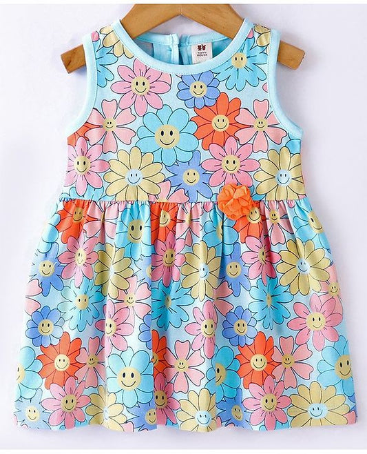 ToffyHouse Cotton Knit Sleeveless Frock with Floral Print - Multicolour