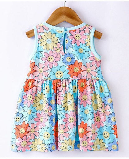 ToffyHouse Cotton Knit Sleeveless Frock with Floral Print - Multicolour