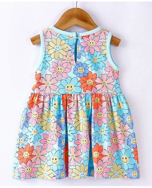 ToffyHouse Cotton Knit Sleeveless Frock with Floral Print - Multicolour