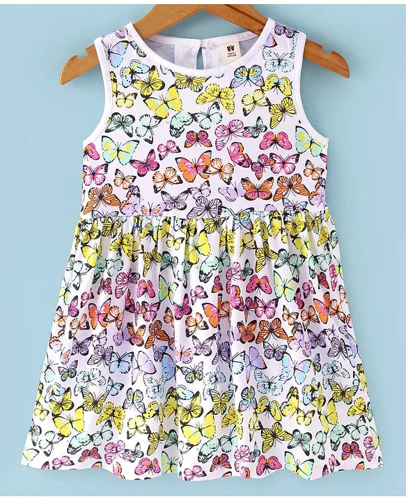 ToffyHouse 100% Cotton Knit Half Sleeves Frock with Butterfly Print- Multicolor