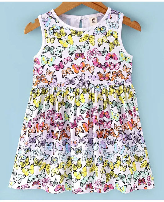 ToffyHouse 100% Cotton Knit Half Sleeves Frock with Butterfly Print- Multicolor