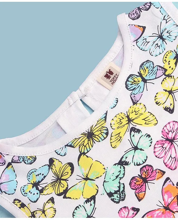 ToffyHouse 100% Cotton Knit Half Sleeves Frock with Butterfly Print- Multicolor
