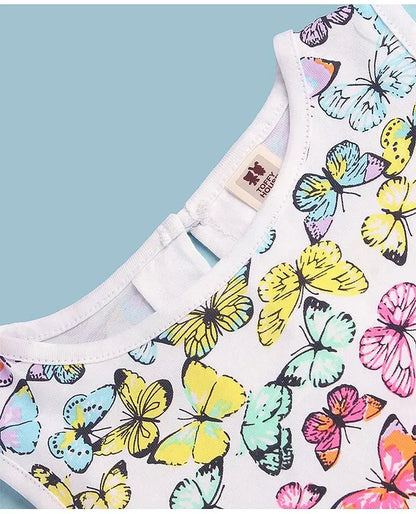ToffyHouse 100% Cotton Knit Half Sleeves Frock with Butterfly Print- Multicolor