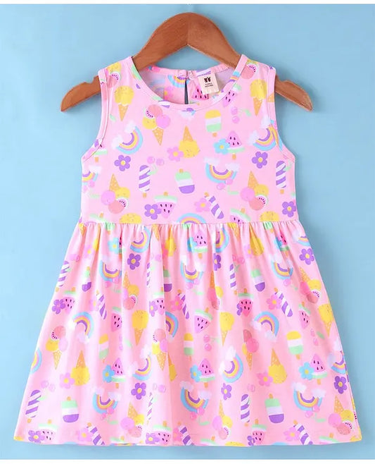 ToffyHouse 100% Supercombed Cotton Knit Sleeveless Frock With Ice Cream & Floral Print - Pink