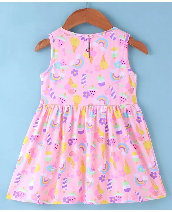 ToffyHouse 100% Supercombed Cotton Knit Sleeveless Frock With Ice Cream & Floral Print - Pink