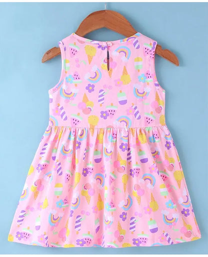 ToffyHouse 100% Supercombed Cotton Knit Sleeveless Frock With Ice Cream & Floral Print - Pink