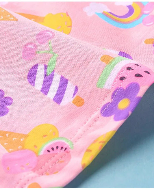 ToffyHouse 100% Supercombed Cotton Knit Sleeveless Frock With Ice Cream & Floral Print - Pink