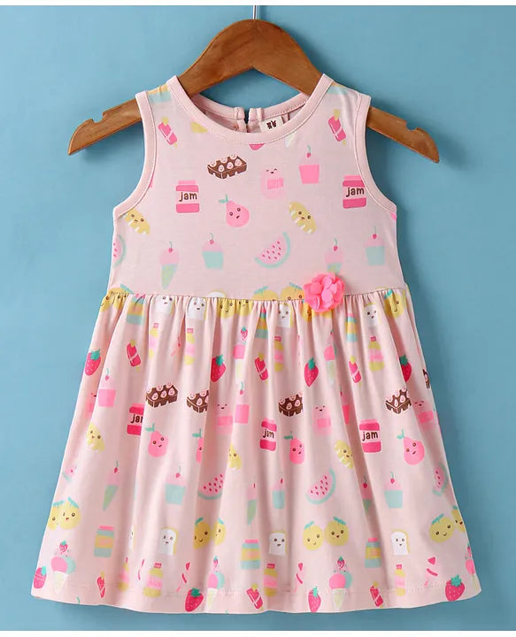 ToffyHouse Cotton Knit Sleeveless Frock with Ice Cream Print - Pink