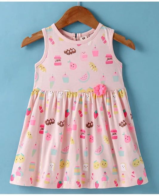 ToffyHouse Cotton Knit Sleeveless Frock with Ice Cream Print - Pink