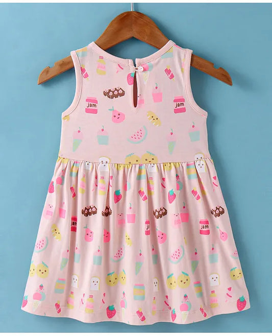 ToffyHouse Cotton Knit Sleeveless Frock with Ice Cream Print - Pink