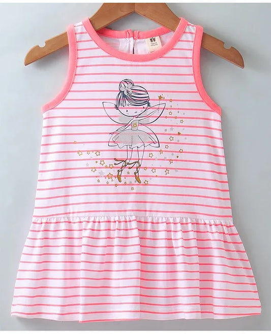 ToffyHouse 100% Cotton Sleeveless Striped & Fairy Printed Frock - Pink