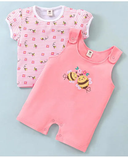 ToffyHouse Cotton Interlock Dungaree Style Romper with Half Sleeves Inner Tee Honey Bee Print - Rose Pink