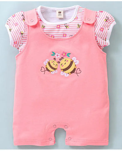 ToffyHouse Cotton Interlock Dungaree Style Romper with Half Sleeves Inner Tee Honey Bee Print - Rose Pink
