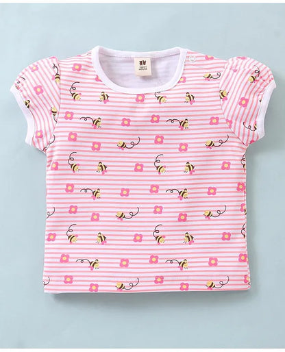 ToffyHouse Cotton Interlock Dungaree Style Romper with Half Sleeves Inner Tee Honey Bee Print - Rose Pink