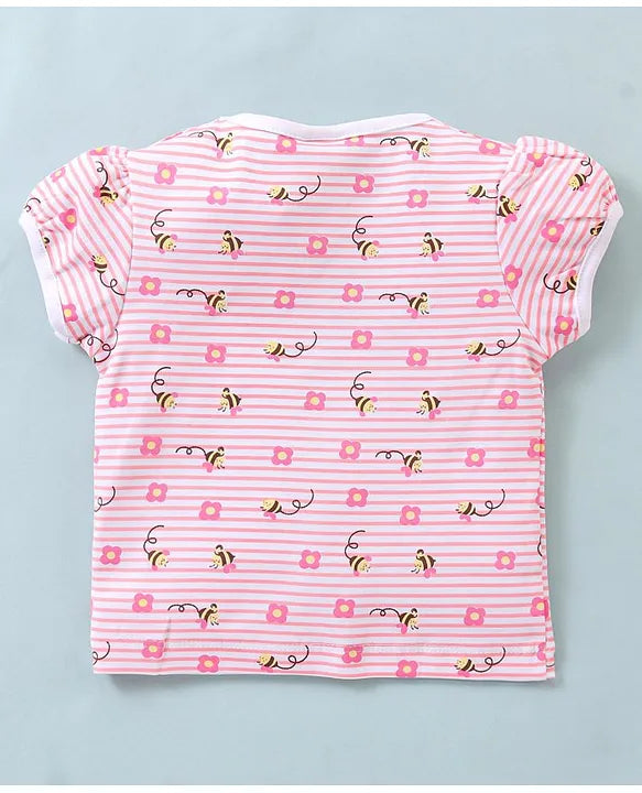 ToffyHouse Cotton Interlock Dungaree Style Romper with Half Sleeves Inner Tee Honey Bee Print - Rose Pink