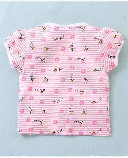 ToffyHouse Cotton Interlock Dungaree Style Romper with Half Sleeves Inner Tee Honey Bee Print - Rose Pink