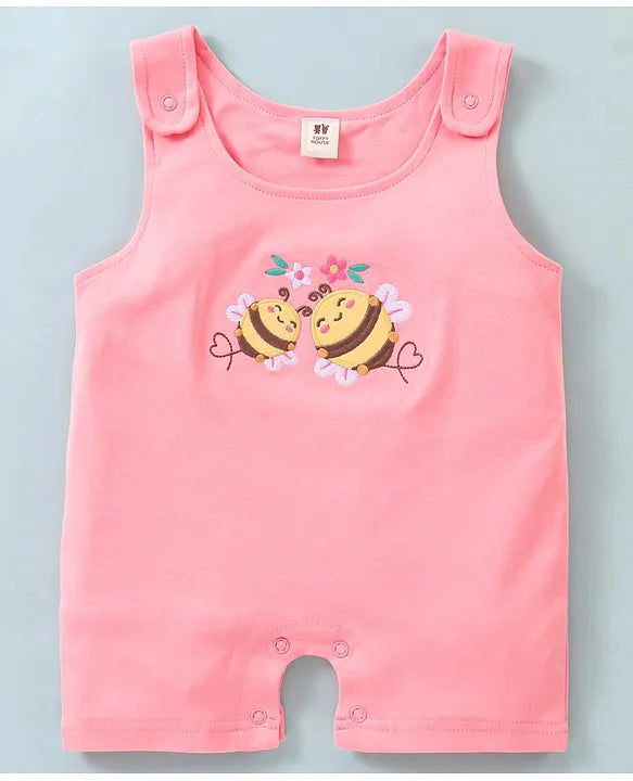 ToffyHouse Cotton Interlock Dungaree Style Romper with Half Sleeves Inner Tee Honey Bee Print - Rose Pink