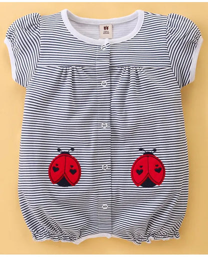 ToffyHouse 100% Cotton Knit Half Sleeves Striped Romper with Lady Bug Embroidery - Navy Blue