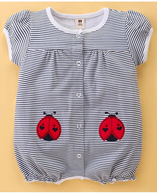 ToffyHouse 100% Cotton Knit Half Sleeves Striped Romper with Lady Bug Embroidery - Navy Blue