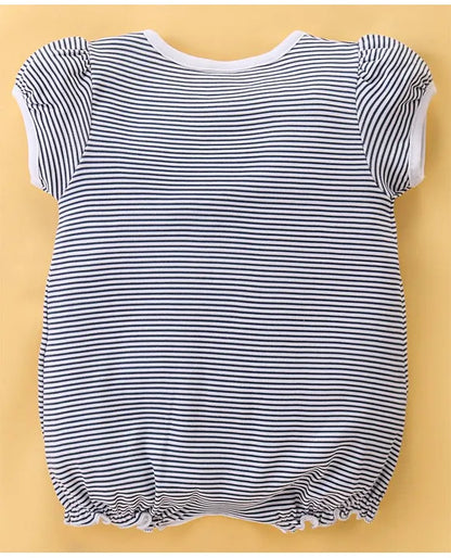 ToffyHouse 100% Cotton Knit Half Sleeves Striped Romper with Lady Bug Embroidery - Navy Blue