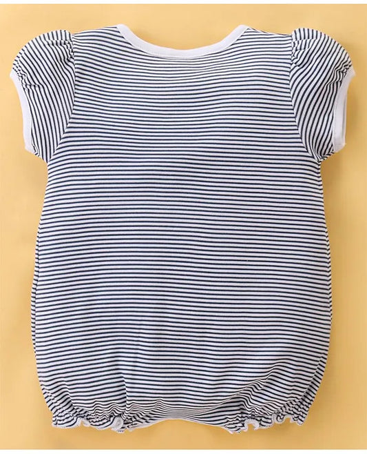 ToffyHouse 100% Cotton Knit Half Sleeves Striped Romper with Lady Bug Embroidery - Navy Blue