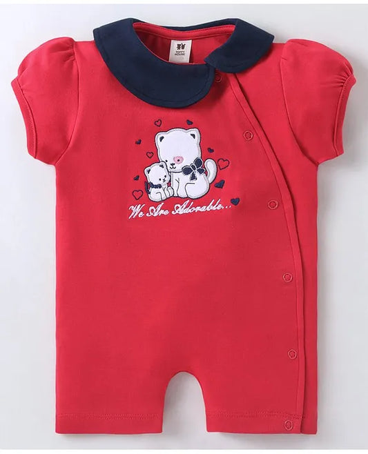 ToffyHouse Cotton Half Sleeves Panda Embroidered Romper - Red
