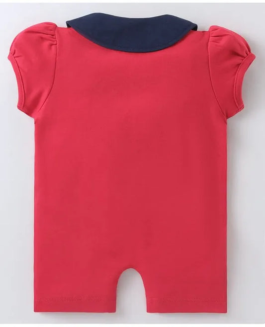 ToffyHouse Cotton Half Sleeves Panda Embroidered Romper - Red