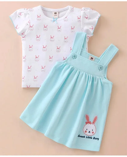 ToffyHouse Cotton Knit Half Sleeves T-Shirt with Frock Rabbit Print- White & Blue