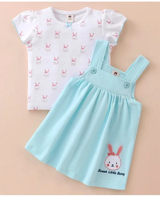 ToffyHouse Cotton Knit Half Sleeves T-Shirt with Frock Rabbit Print- White & Blue