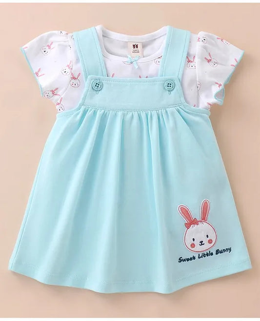 ToffyHouse Cotton Knit Half Sleeves T-Shirt with Frock Rabbit Print- White & Blue