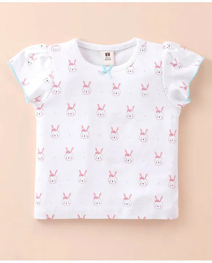 ToffyHouse Cotton Knit Half Sleeves T-Shirt with Frock Rabbit Print- White & Blue