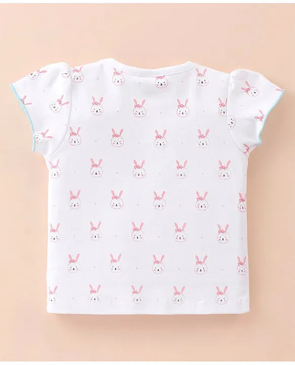 ToffyHouse Cotton Knit Half Sleeves T-Shirt with Frock Rabbit Print- White & Blue