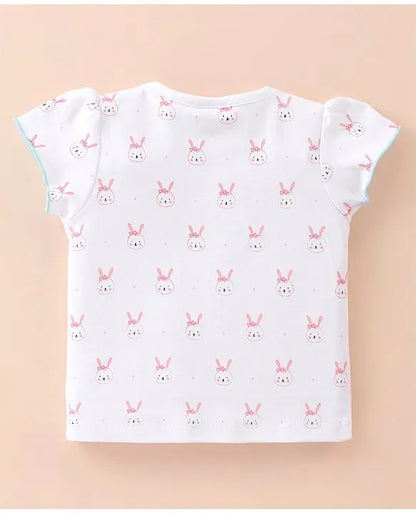 ToffyHouse Cotton Knit Half Sleeves T-Shirt with Frock Rabbit Print- White & Blue