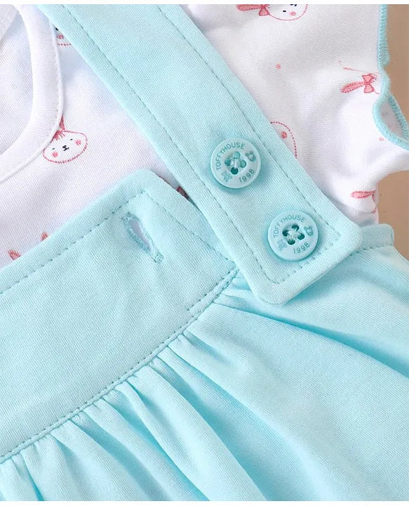 ToffyHouse Cotton Knit Half Sleeves T-Shirt with Frock Rabbit Print- White & Blue